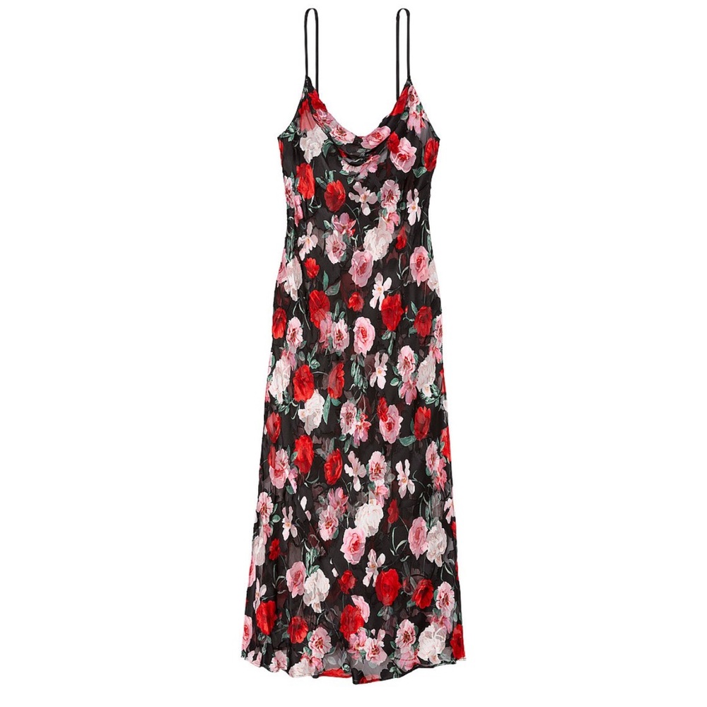 Victoria's Secret Atelier Noir Burnout Silk Floral Plunge back Lace Gown